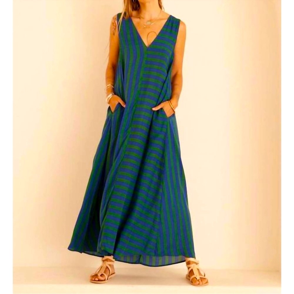 Natalie Martin Tova Striped Green and Blue Maxi Dress Fiore.